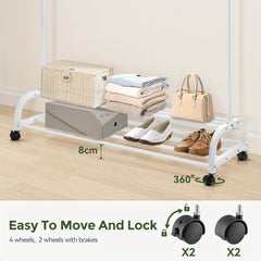 Heavy Duty Clothes Rail with Wheels & 2-Tier Storage Shelf - Mobile Garment Rack for Bedroom