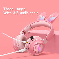 LED Rabbit Ear Wireless Headphones - RGB Light Up Bluetooth 5.0 Headset for Kids & Teens