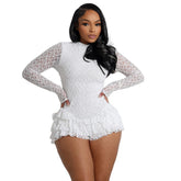 Women's Sexy Lace Long Sleeve Shorts Wooden Ear Backless Jumpsuit