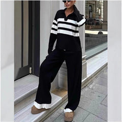 Fashion Women's Casual Polo Collar Striped Knitted Contrast Color Two-piece Set