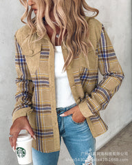 Women's Long-sleeved Plaid Contrast Color Coat
