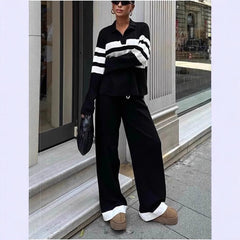 Fashion Women's Casual Polo Collar Striped Knitted Contrast Color Two-piece Set