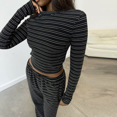 Round Neck Striped Long Sleeve Straight-leg Trousers Suit Women