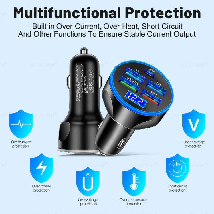 WGS-G37 5 in 1 Digital Display Super Fast Charging Car Charger with Voltmeter WGS-G37 5 in 1 Digital Display Super Fast Charging Car Charger with Voltmeter