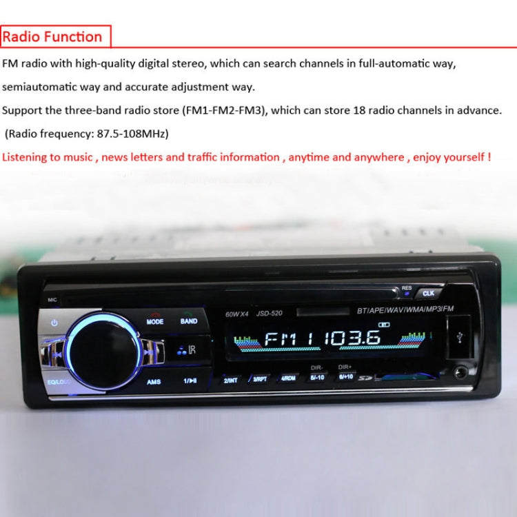 JSD-520 Car Stereo Radio MP3 Audio Player Support Bluetooth Hand-free Calling / FM / USB / SD, Ordinary Version JSD-520 Car Stereo Radio MP3 Audio Player Support Bluetooth Hand-free Calling / FM / USB / SD, Ordinary Version