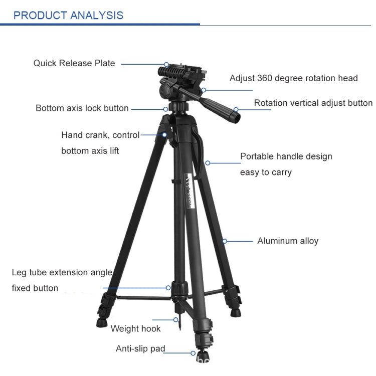 WeiFeng WT-3560 3-Section Folding Legs Live Broadcast Aluminum Alloy Tripod Mount WeiFeng WT-3560 3-Section Folding Legs Live Broadcast Aluminum Alloy Tripod Mount