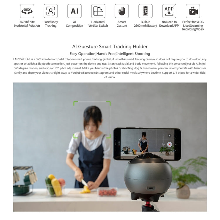 LAIZESKE LA8 Smart Robot Cameraman 360 Degree Auto Tracking Phone Holder, LA8 LAIZESKE LA8 Smart Robot Cameraman 360 Degree Auto Tracking Phone Holder, LA8