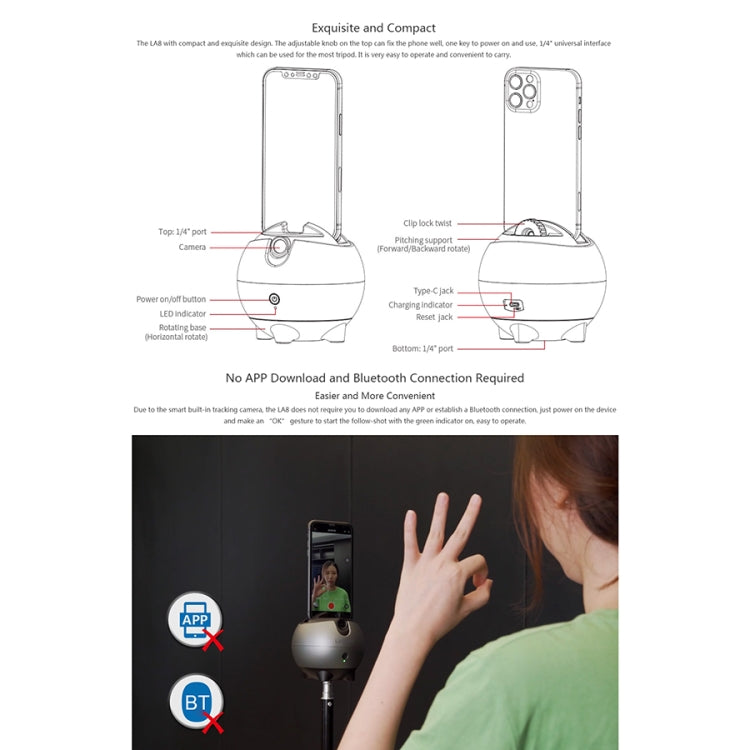 LAIZESKE LA8 Smart Robot Cameraman 360 Degree Auto Tracking Phone Holder, LA8 LAIZESKE LA8 Smart Robot Cameraman 360 Degree Auto Tracking Phone Holder, LA8