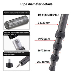 BEXIN RC294 Portable Collapsible Carbon Fiber Camera Tripod with K44 Panoramic BallHead