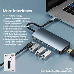 Remax RU-U5 5 In1 Multi-function Type-C / USB-C HUB Docking?Station, 5 In1