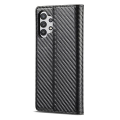 LC.IMEEKE Funda de cuero con tapa horizontal de PU + TPU de fibra de carbono con soporte, ranura para tarjetas y billetera para Samsung Galaxy A32 5G (negro vertical), para Samsung Galaxy A32 5G