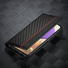 LC.IMEEKE Funda de cuero con tapa horizontal de PU + TPU de fibra de carbono con soporte, ranura para tarjetas y billetera para Samsung Galaxy A32 5G (negro vertical), para Samsung Galaxy A32 5G