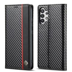 LC.IMEEKE Funda de cuero con tapa horizontal de PU + TPU de fibra de carbono con soporte, ranura para tarjetas y billetera para Samsung Galaxy A32 5G (negro vertical), para Samsung Galaxy A32 5G