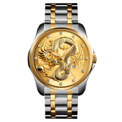 SKMEI 9193 Men Golden Dragon Pattern Calendar Dial Luminous Quartz Watch