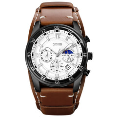 SKMEI 9249 Men Moonphase Calendar Stopwatch Leather Strap Quartz Watch