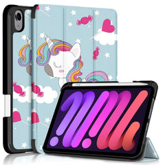 Estuche de cuero con tapa horizontal de TPU con patrón pintado, soporte plegable en tres direcciones, ranura para bolígrafo y función de suspensión/activación, para iPad mini 2024/mini 6
