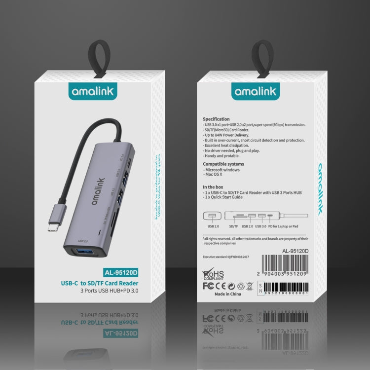 amalink 95120D Type-C / USB-C to SD/TF + 3 Ports USB + PD 3.0 Multi-function HUB Docking Station, 95120D amalink 95120D Type-C / USB-C to SD/TF + 3 Ports USB + PD 3.0 Multi-function HUB Docking Station, 95120D