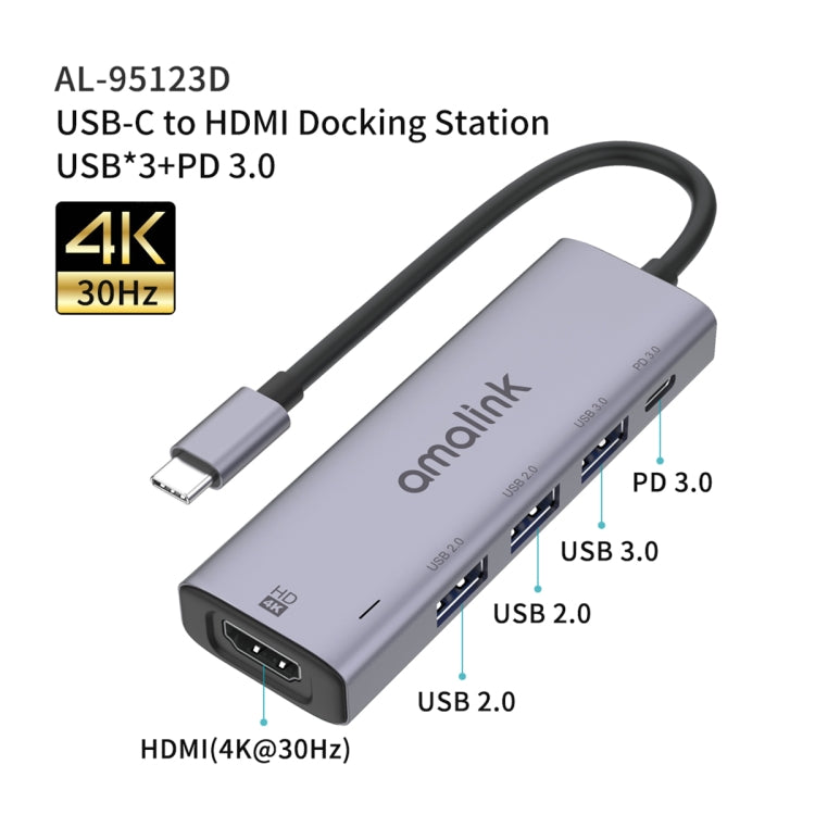 amalink 95123D Type-C / USB-C to HDMI + 3 Ports USB + PD 3.0 Multi-function HUB, 95123D amalink 95123D Type-C / USB-C to HDMI + 3 Ports USB + PD 3.0 Multi-function HUB, 95123D