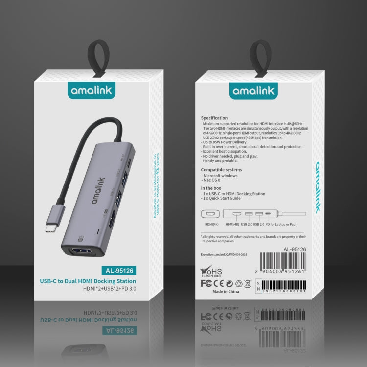 amalink 95126 Type-C / USB-C to Dual HDMI + 2 Ports USB + PD 3.0 Multi-function HUB, 95126 amalink 95126 Type-C / USB-C to Dual HDMI + 2 Ports USB + PD 3.0 Multi-function HUB, 95126
