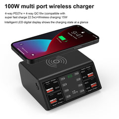 Cargador inalámbrico con pantalla digital inteligente, 838 W, 9 en 1, 100 W, 4 puertos USB-C/Tipo-C PD 3.0 + 4 puertos USB QC 3.0, enchufe UE, enchufe EE. UU., enchufe Reino Unido, enchufe AU