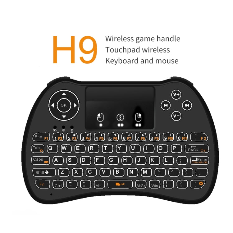 H9 2.4GHz Mini Wireless Air Mouse QWERTY Keyboard with White Backlight & Touchpad for PC, TV, with White Backlight H9 2.4GHz Mini Wireless Air Mouse QWERTY Keyboard with White Backlight & Touchpad for PC, TV, with White Backlight