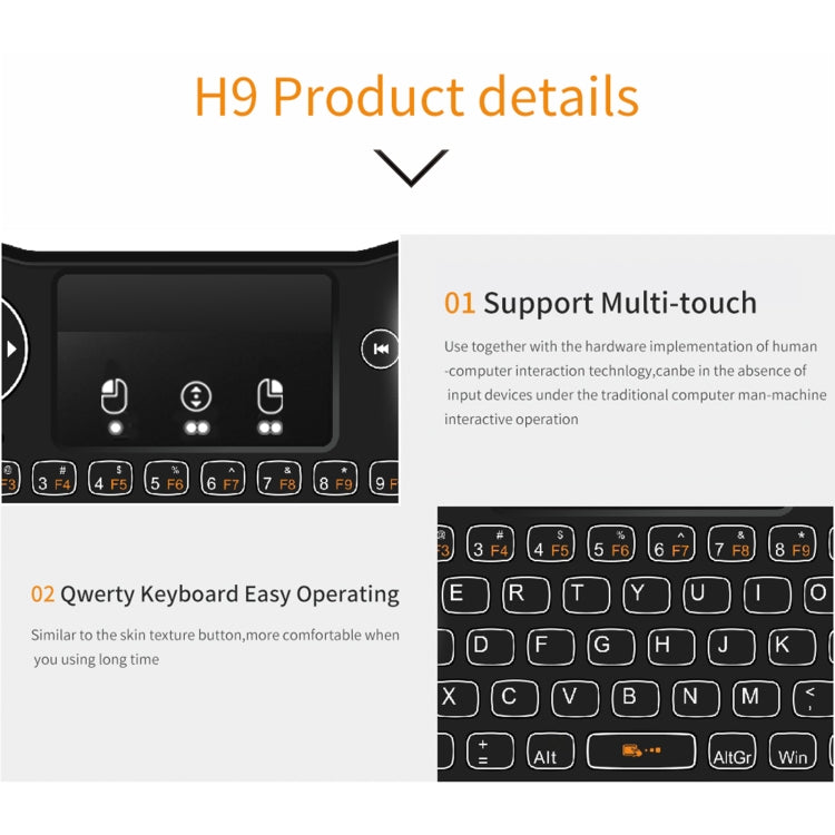 H9 2.4GHz Mini Wireless Air Mouse QWERTY Keyboard with White Backlight & Touchpad for PC, TV, with White Backlight H9 2.4GHz Mini Wireless Air Mouse QWERTY Keyboard with White Backlight & Touchpad for PC, TV, with White Backlight