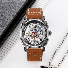 SKMEI 9271 Stainless Steel Buckle Leather Strap Waterproof Mechanical Watch