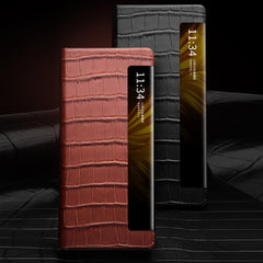 QIALINO Crocodile Pattern Side Window View Genuine Leather Phone Case