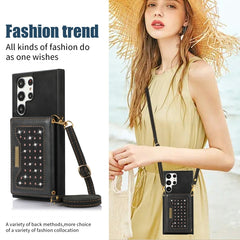 Three-fold RFID Leather Phone Case with Lanyard, For Samsung Galaxy S22 Ultra, For iPhone 12 Pro