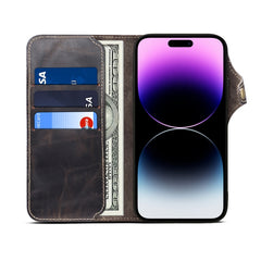 Denior Oil Wax Cowhide Magnetic Button Genuine Leather Case, For iPhone 14 Pro Max, For iPhone 14 Pro, For iPhone 14, For iPhone 14 Plus, For iPhone 13 Pro Max, For iPhone 13 Pro