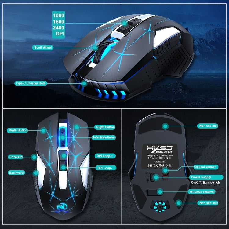 HXSJ T300 7 Keys 2400DPI 2.4G Colorful Luminous Wireless Mouse, T300 Black, T300 White HXSJ T300 7 Keys 2400DPI 2.4G Colorful Luminous Wireless Mouse, T300 Black, T300 White
