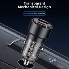 USAMS US-CC208 C39 60W USB + Type-C Dual Port Fast Charging Aluminum Alloy Transparent Car Charger