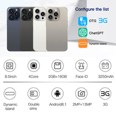 i15 Pro Max / Q5, 6.5 inch Screen, Face Identification, Android 8.1 MTK6580P Quad Core, Network: 3G, Dual SIM, 2GB+16GB