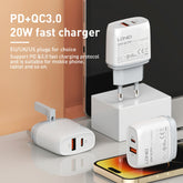 LDNIO Q229 QC3.0 / PD20W USB + Type-C Fast Charger with 1m USB to 8 Pin Cable, EU Plug, UK Plug, US Plug