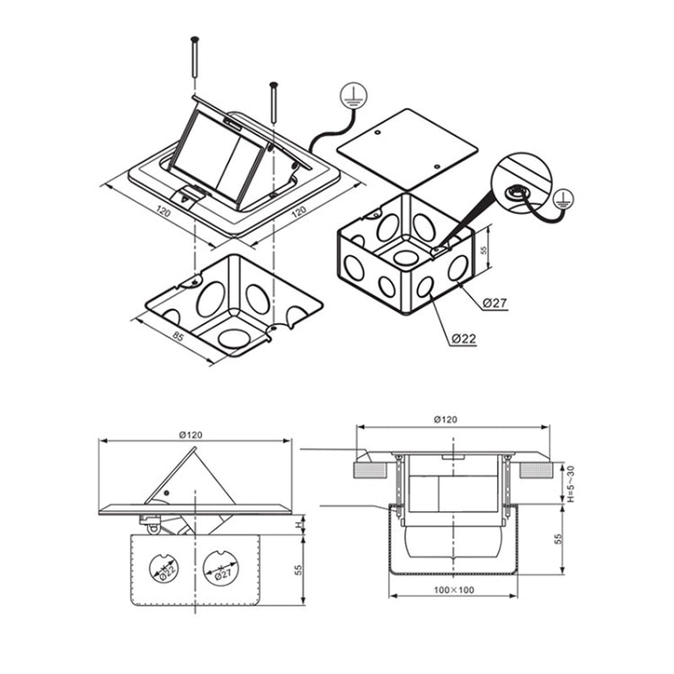 Hidden Pop-up Aluminum Alloy Computer Floor Socket with Cover Bottom Box, EU Plug Hidden Pop-up Aluminum Alloy Computer Floor Socket with Cover Bottom Box, EU Plug
