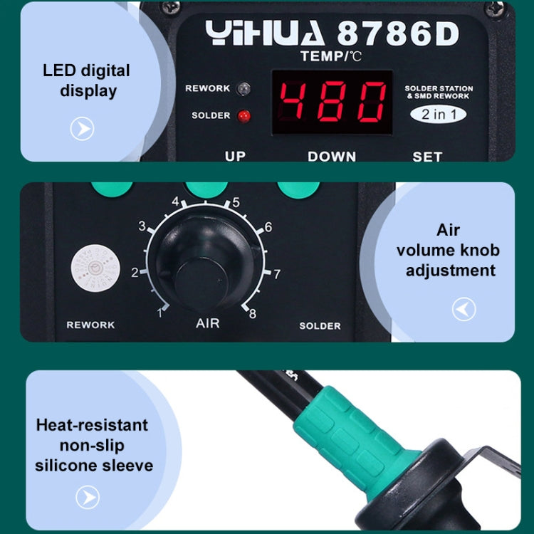 YIHUA 8786D 2 in 1 AC 220V LED Display Adjustable Temperature Hot Air Gun + Solder Station & Soldering Iron, 8786D YIHUA 8786D 2 in 1 AC 220V LED Display Adjustable Temperature Hot Air Gun + Solder Station & Soldering Iron, 8786D