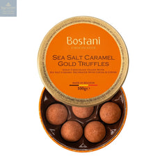 Gift tin of sea salt caramel gold chocolate truffles rolled in cocoa and coffee flavour powder - 11 x 3.6cm