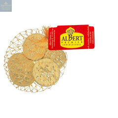 Gold foiled UK milk chocolate coins in net