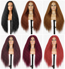 32-Inch Middle Center Part Hair Wig Yaki Kinky Straight Afro Synthetic Fiber Glueless Machine-Made Wigs Women