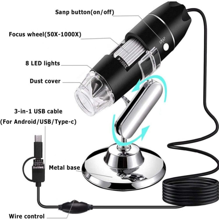 Microscopio digital USB 3 en 1 con sensor de imagen HD y lupa de 1600X, 8 LED y soporte profesional Microscopio digital USB 3 en 1 con sensor de imagen HD y lupa de 1600X, 8 LED y soporte profesional