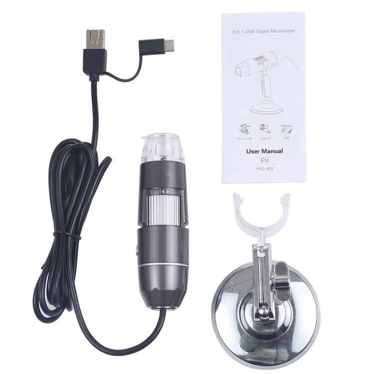 Microscopio digital USB 3 en 1 con sensor de imagen HD y lupa de 1600X, 8 LED y soporte profesional Microscopio digital USB 3 en 1 con sensor de imagen HD y lupa de 1600X, 8 LED y soporte profesional