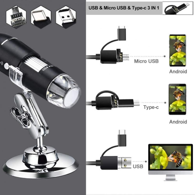 Microscopio digital USB 3 en 1 con sensor de imagen HD y lupa de 1600X, 8 LED y soporte profesional Microscopio digital USB 3 en 1 con sensor de imagen HD y lupa de 1600X, 8 LED y soporte profesional