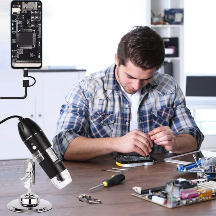 Microscopio digital USB 3 en 1 con sensor de imagen HD y lupa de 1600X, 8 LED y soporte profesional Microscopio digital USB 3 en 1 con sensor de imagen HD y lupa de 1600X, 8 LED y soporte profesional