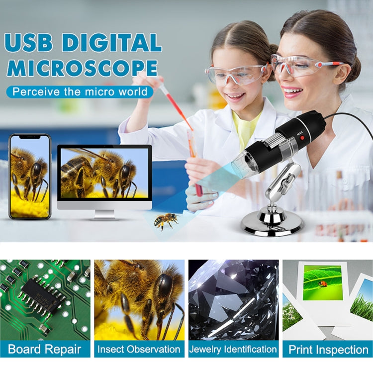 Microscopio digital USB 3 en 1 con sensor de imagen HD y lupa de 1600X, 8 LED y soporte profesional Microscopio digital USB 3 en 1 con sensor de imagen HD y lupa de 1600X, 8 LED y soporte profesional
