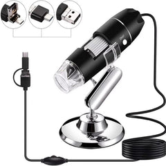 Microscopio digital USB 3 en 1 con sensor de imagen HD y lupa de 1600X, 8 LED y soporte profesional