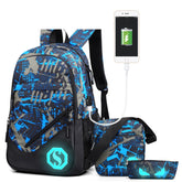 Multi-Function Large Capacity Oxford Cloth Backpack Casual Laptop Computer Bag with External USB Charging Interface & Shoulder Bag & Pen Bag for Men / Women / Student, Size: 45*30*15cm, Black 2, Blue and Grey Graffiti, New York Words 1, Blue and white