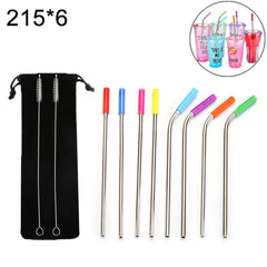 8pcs Reusable Silicone Tips Stainless Steel Drinking Straws + 2pcs Cleaner Brushes Set Kit with Cashmere Bag,  215*6mm, 215*6mm