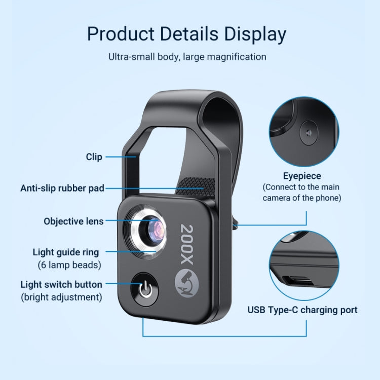 APEXEL APL-MS002BK 200X HD Universal Portable Mobile Phone Microscope with LED Light, APL-MS002BK APEXEL APL-MS002BK 200X HD Universal Portable Mobile Phone Microscope with LED Light, APL-MS002BK