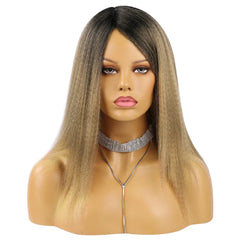 Wholesale 14 Inch Yaki Straight Afro Light Brown Lace Hair Wig Glueless Synthetic Middle Part Women Machine-Made Long Wigs