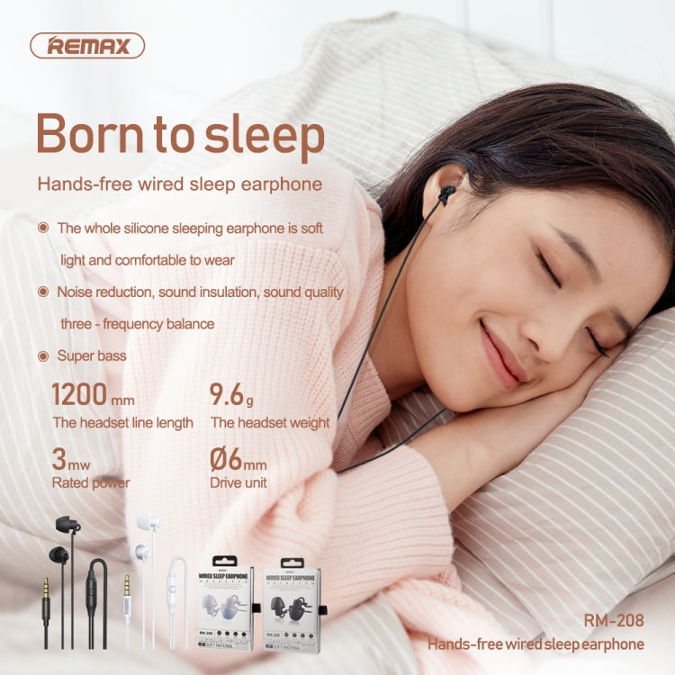 REMAX RM-208 In-Ear Stereo Sleep Earphone with Wire Control + MIC, Support Hands-free REMAX RM-208 In-Ear Stereo Sleep Earphone with Wire Control + MIC, Support Hands-free